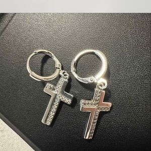 Sterling Silver Cross Hoop Earrings with Crystal Accents